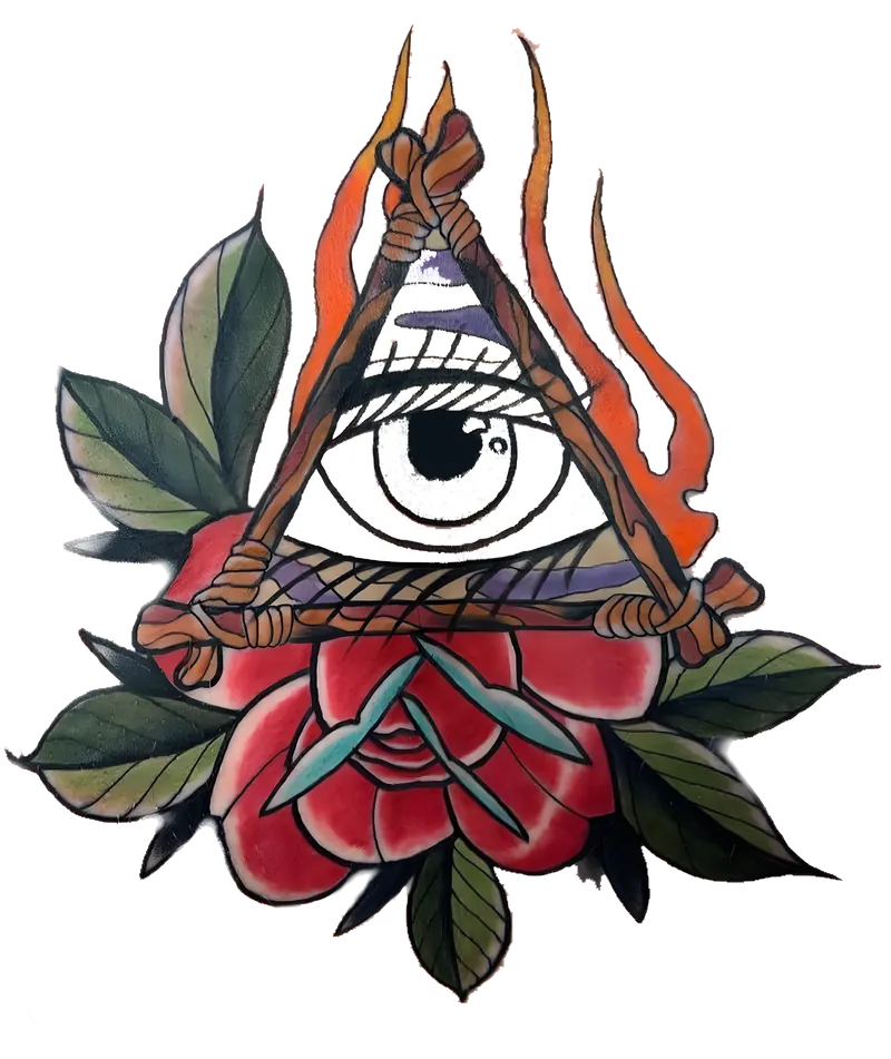 Tattoo flash illustration of an all-seeing eye inside a rope triangle with orange flames above and a red rose with green leaves below