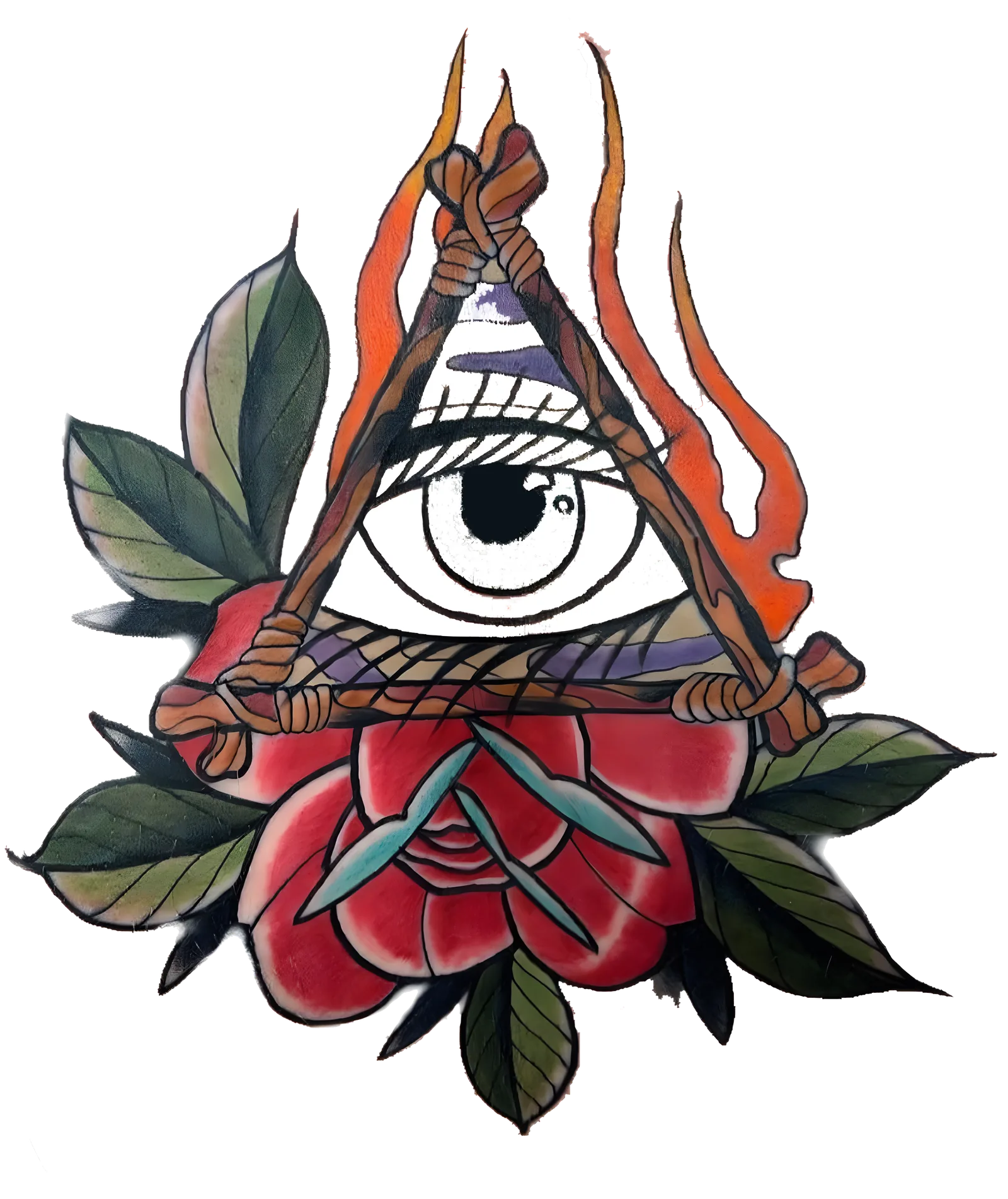Tattoo flash illustration of an all-seeing eye inside a rope triangle with orange flames above and a red rose with green leaves below