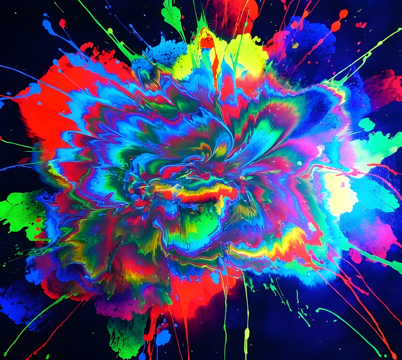 Digital neon art of rainbow UV-style color bursting outward like a glowing flower on a dark blue background