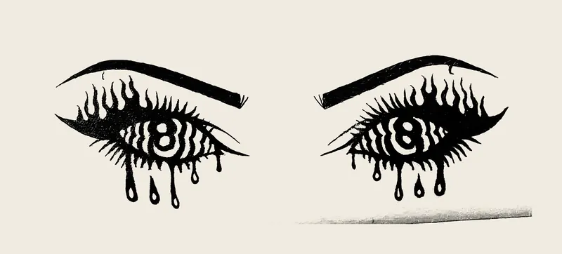 Black ink line art of two wide eyes with heavy eyelashes and brows, each dripping black tears, on a cream background