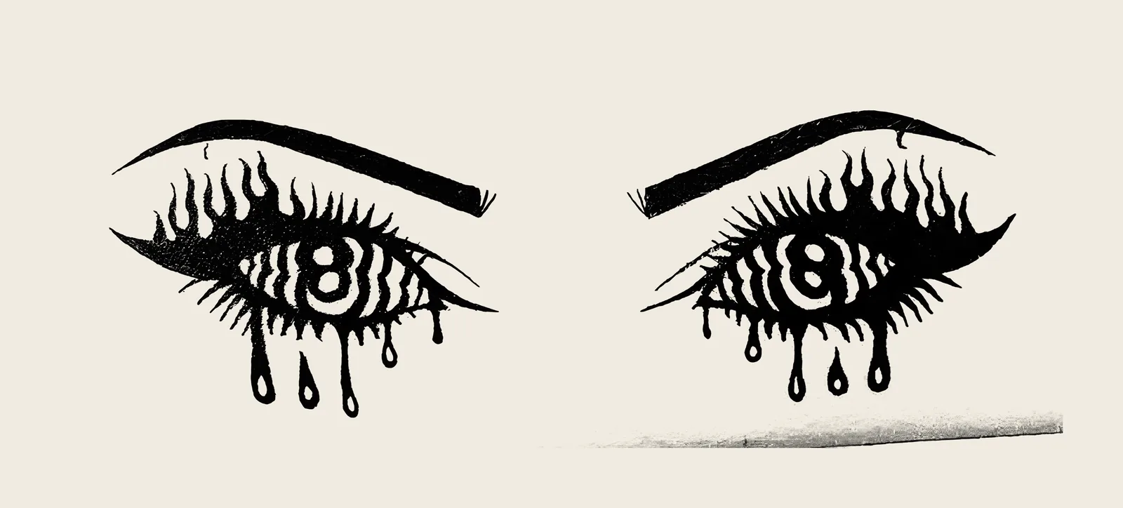 Black ink line art of two wide eyes with heavy eyelashes and brows, each dripping black tears, on a cream background