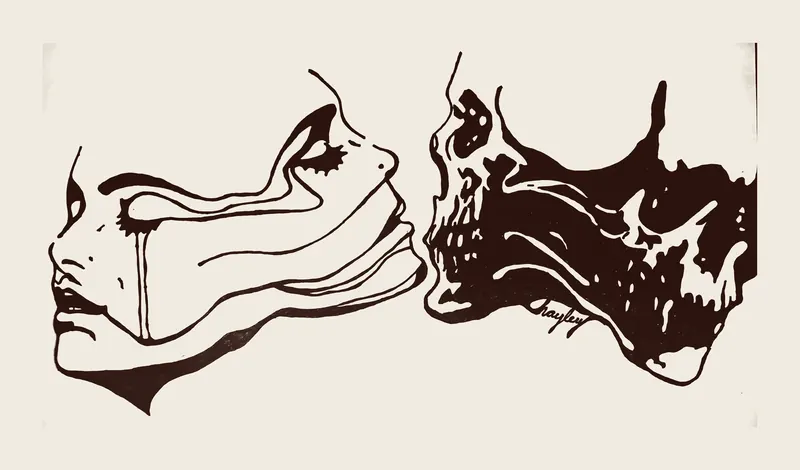 Dark brown ink line art of a weeping face in profile beside the same profile as a skull, on a cream background