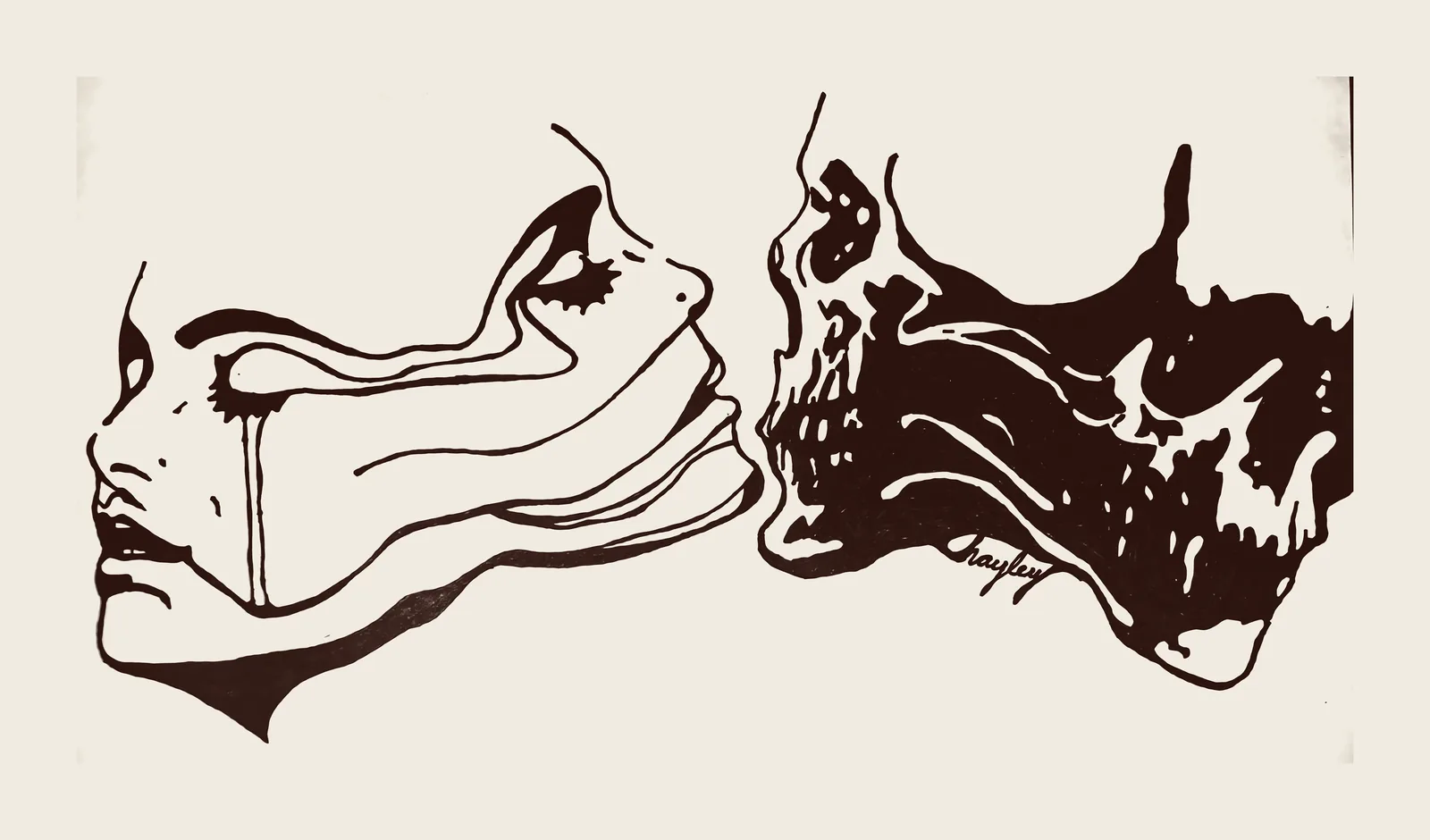 Dark brown ink line art of a weeping face in profile beside the same profile as a skull, on a cream background