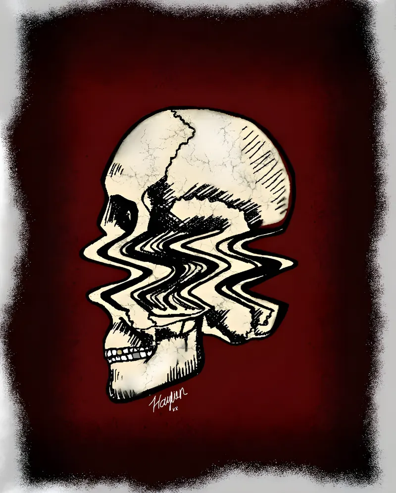 Hand-drawn ink skull split by horizontal glitch distortion, on a deep red and black grunge background