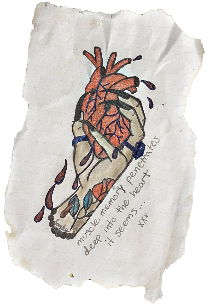 Hand-drawn sketch of a red anatomical heart held in a tattooed hand with blood drops, and a handwritten quote, on torn burnt-edge paper