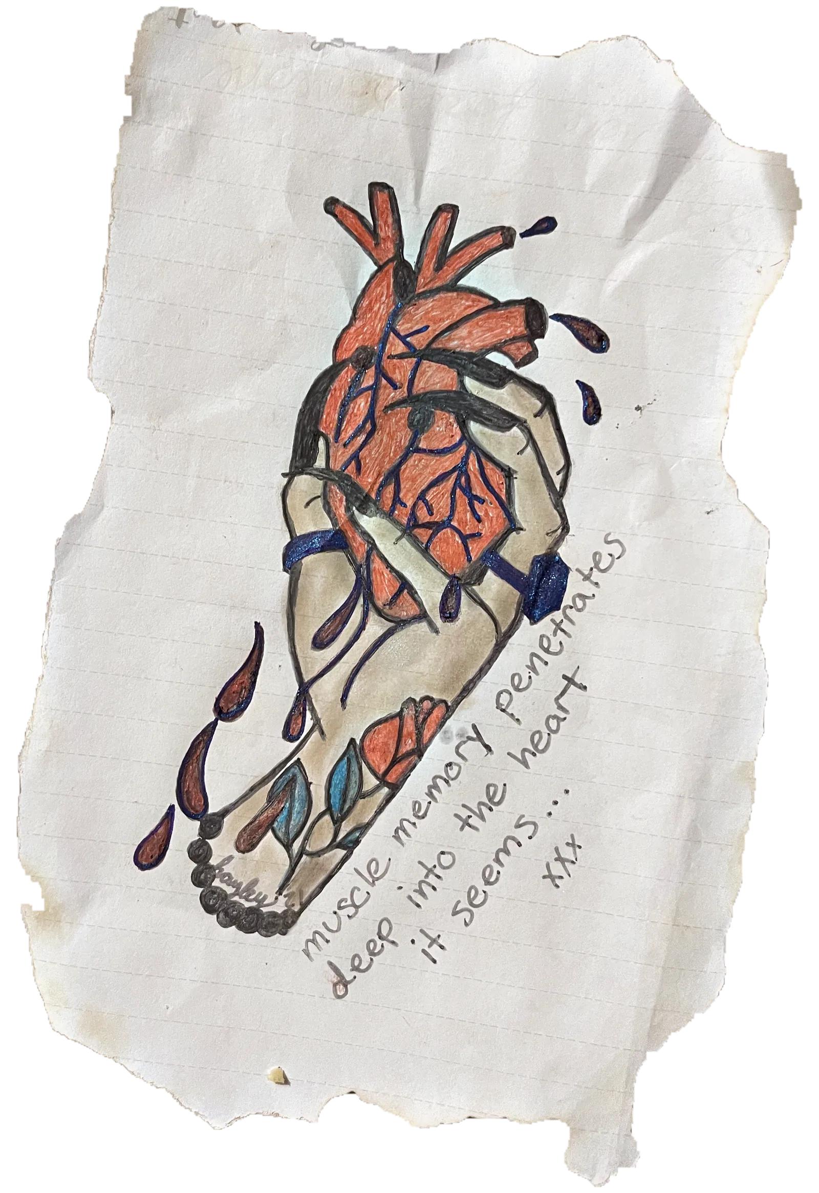 Hand-drawn sketch of a red anatomical heart held in a tattooed hand with blood drops, and a handwritten quote, on torn burnt-edge paper