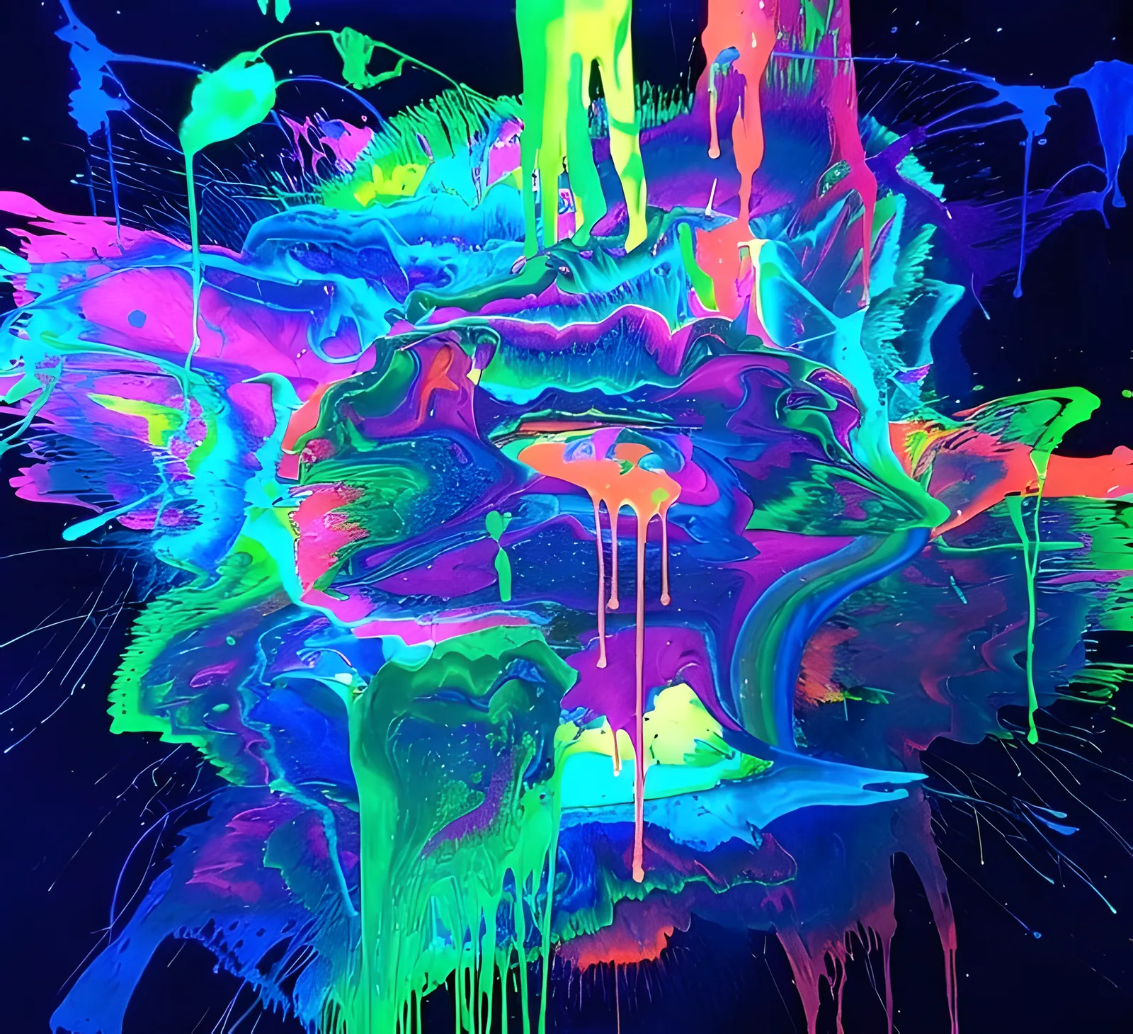 Digital neon drip art with glowing green, pink, purple and blue drips and splatter on a dark background