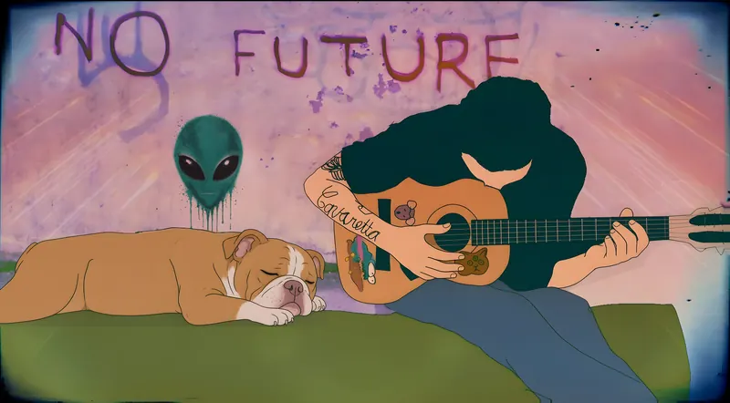 Pastel punk illustration of a tattooed guitarist playing beside a sleeping fawn and white Olde English Bulldogge, under a wall with a drippy spray-painted alien and the words No Future