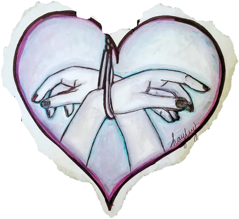 Hand-drawn illustration of two hands linked by their pinky fingers inside a pastel purple heart, cut out from torn paper