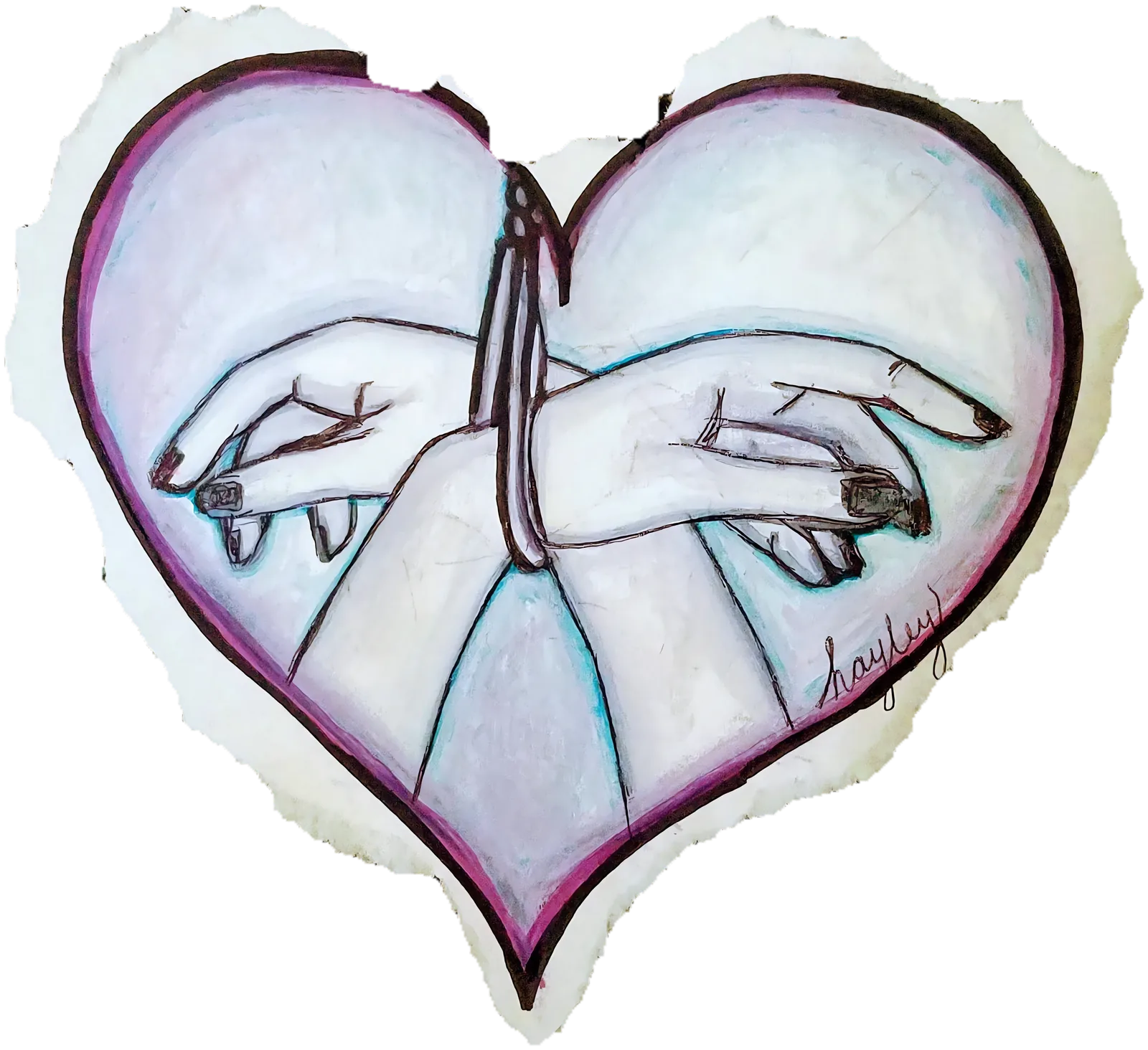 Hand-drawn illustration of two hands linked by their pinky fingers inside a pastel purple heart, cut out from torn paper