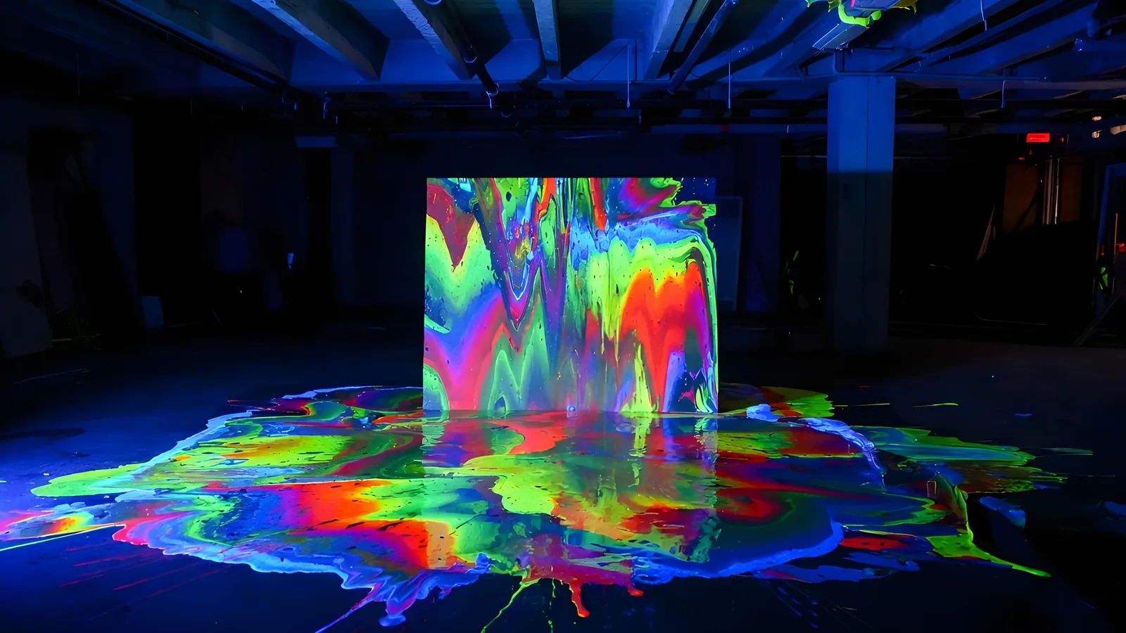 Digital neon art of rainbow UV-style color spilling from a glowing block and flooding across a dark stage floor